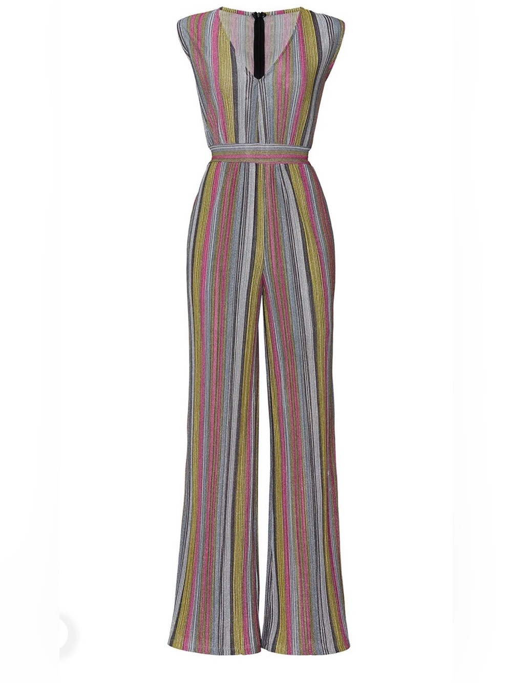 Striped Wide-Leg Glitzy Jumpsuit in Pink, Gray & Green